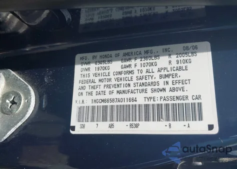 2007 Honda Accord 3.0 Ex z USA, uszkodzony, nr VIN 1HGCM66587A011664